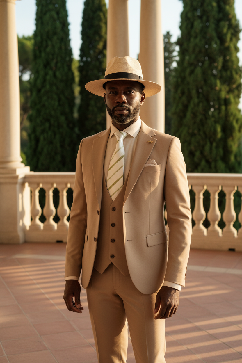 Costume trois pièces beige camel avec chapeau panama porté par un homme élégant sur terrasse méditerranéenne