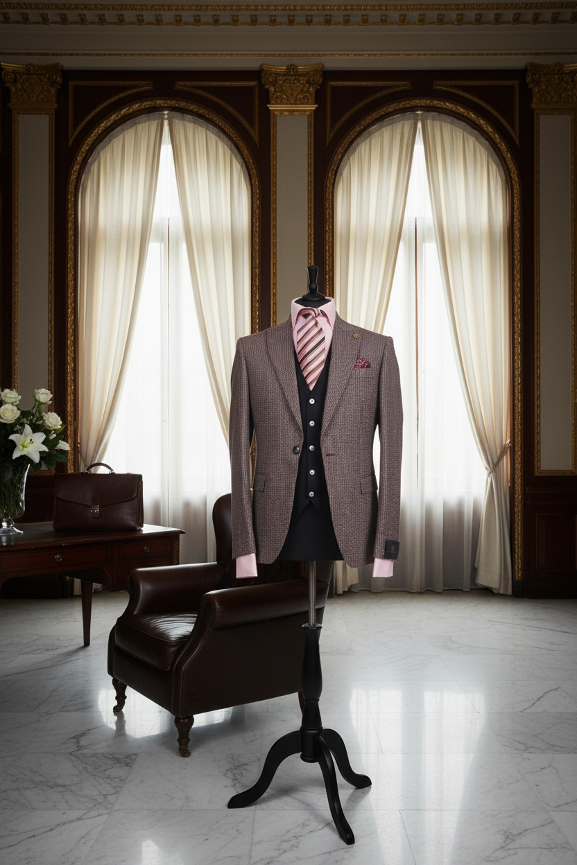 Costume trois pièces bordeaux en cadre lifestyle luxueux