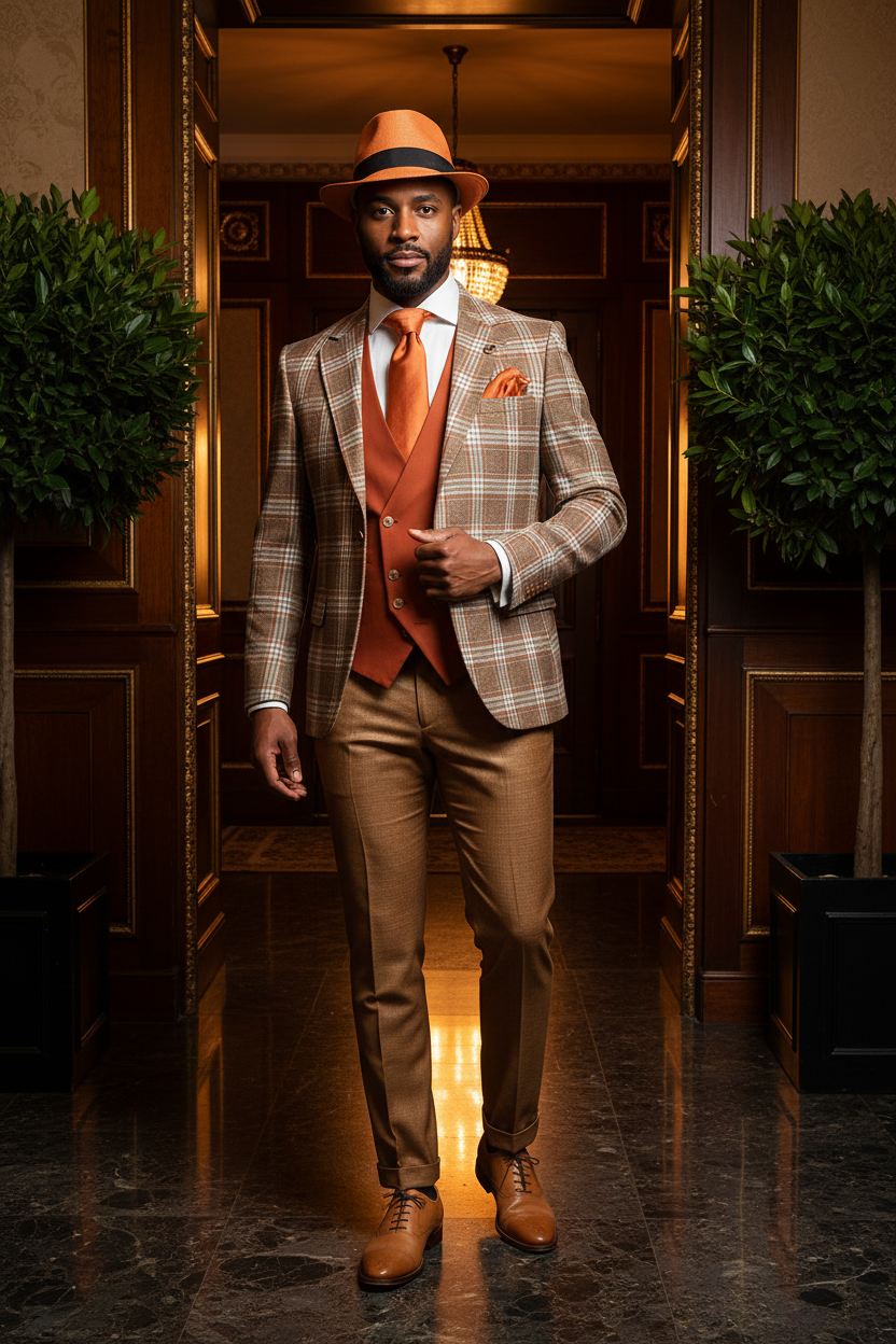 Costume trois pièces caramel Prince de Galles avec chapeau fedora orange porté par un homme élégant dans un club privé de luxe