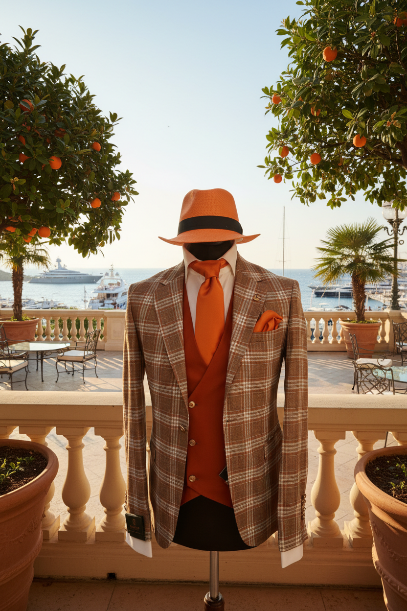 Costume trois pièces caramel Prince de Galles avec chapeau fedora orange sur terrasse Belle Époque de la Riviera