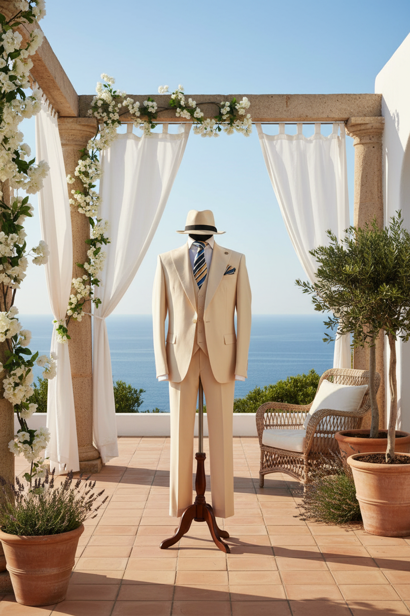 Costume trois pièces crème avec chapeau fedora dans un cadre villa méditerranéenne luxueuse