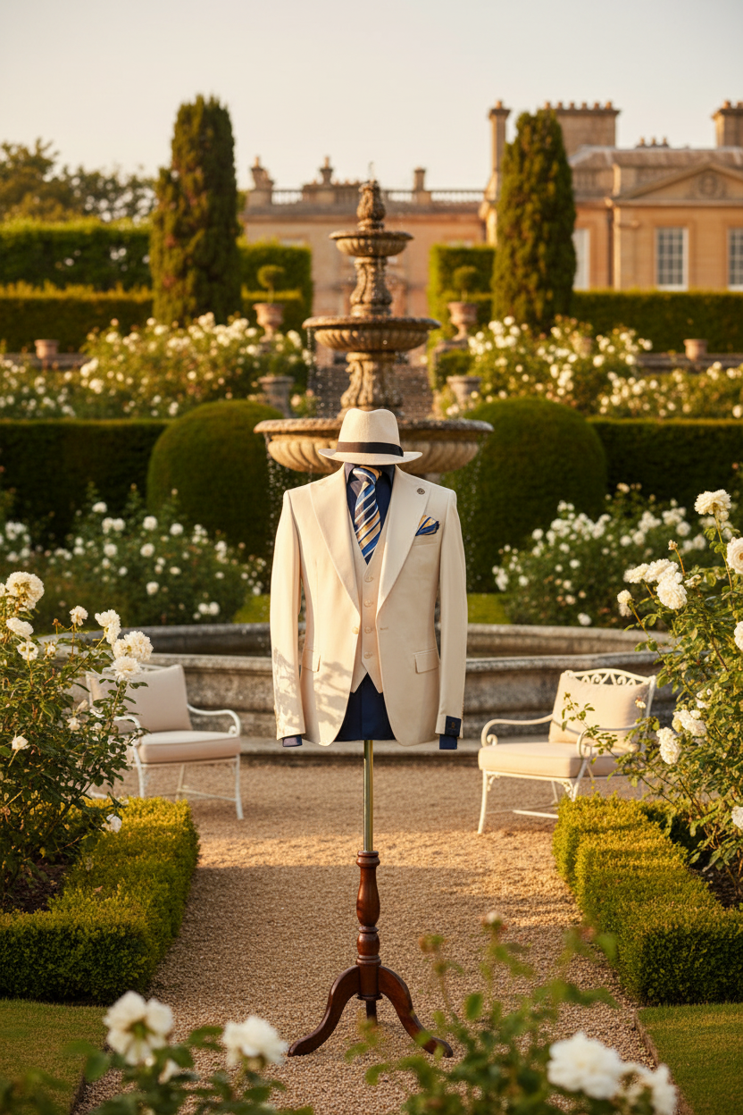 Costume trois pièces crème avec chapeau fedora dans un jardin anglais de prestige