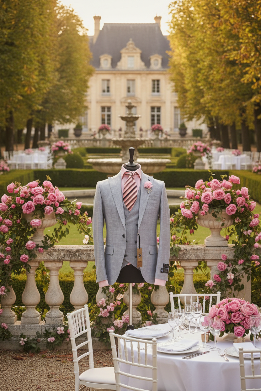 Costume trois pièces gris clair dans un cadre jardin de château français