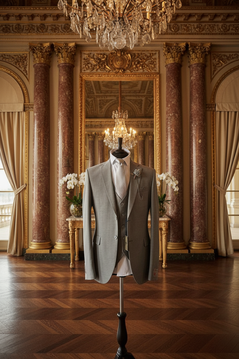 Costume trois pièces gris clair dans un cadre palatial luxueux