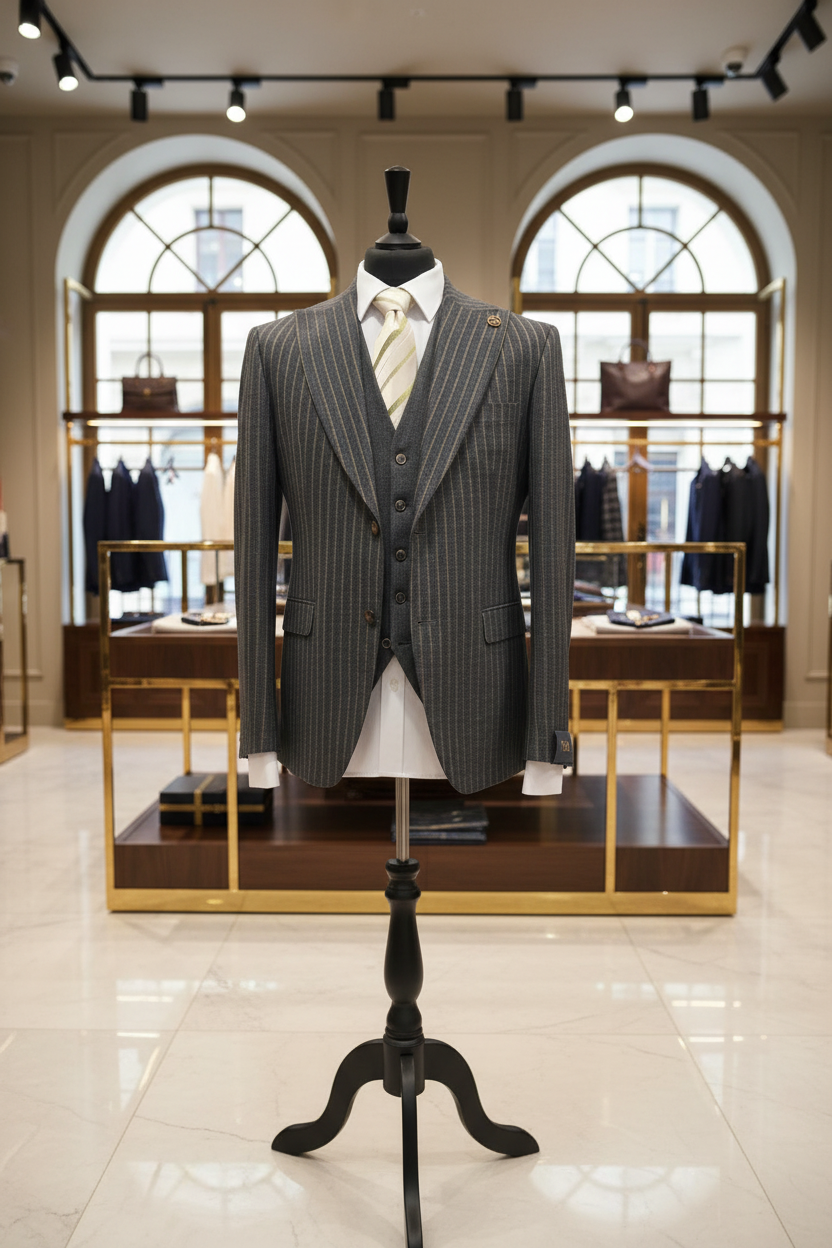 Costume trois pièces gris dans un lieu luxueux