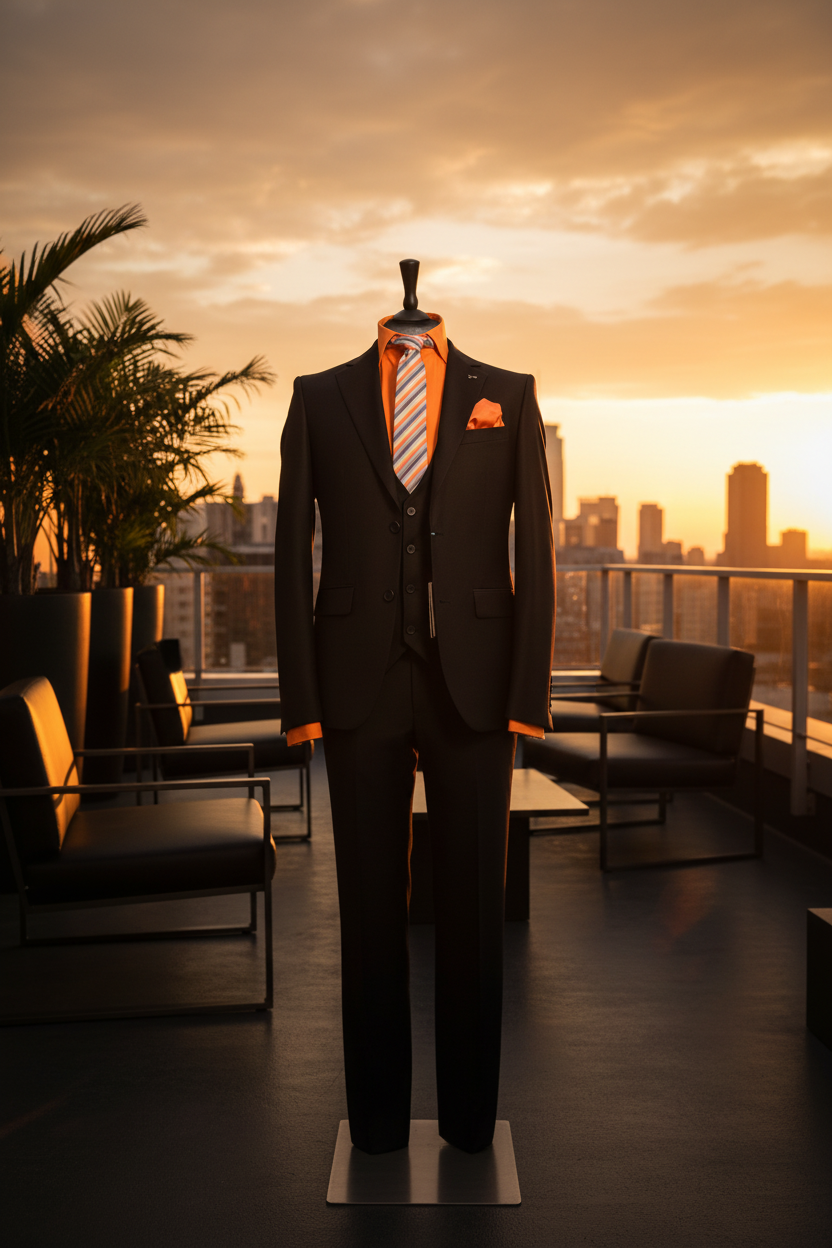 Costume trois pièces noir anthracite avec chemise orange sur terrasse penthouse au coucher du soleil