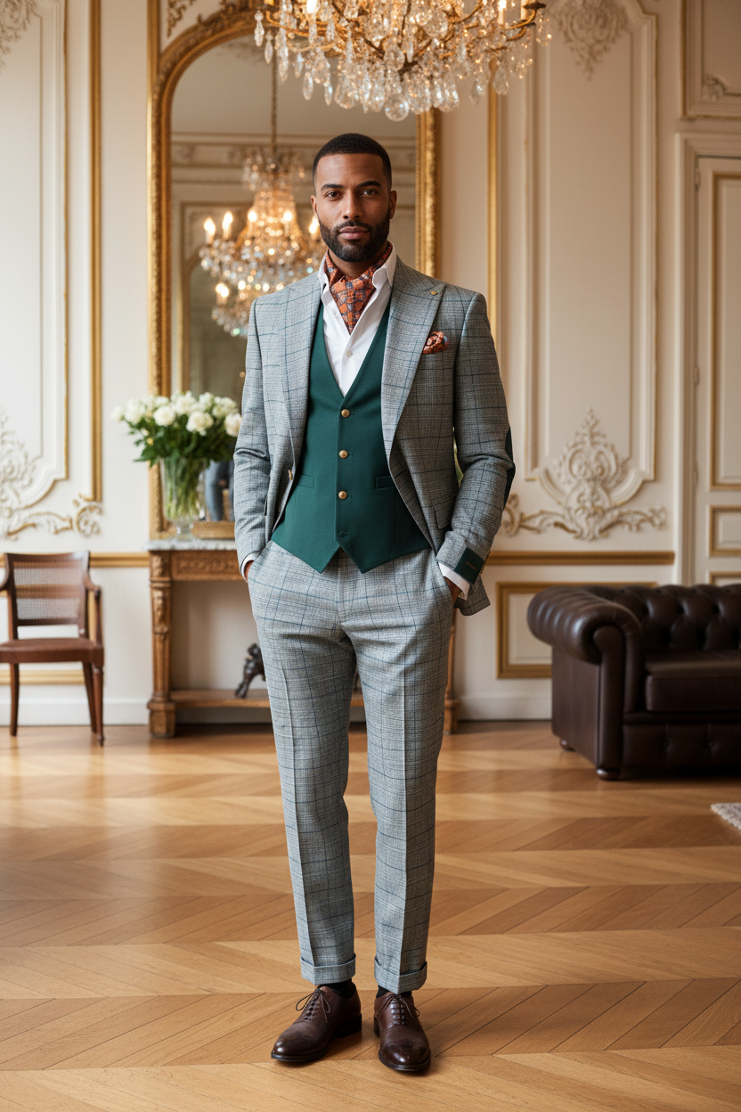 Costume trois pièces Prince de Galles gris gilet vert forêt boutons dorés ascot terracotta floral homme élégant salon parisien luxueux parquet chevrons moulures dorées miroir doré Chesterfield Brioni Kiton lifestyle