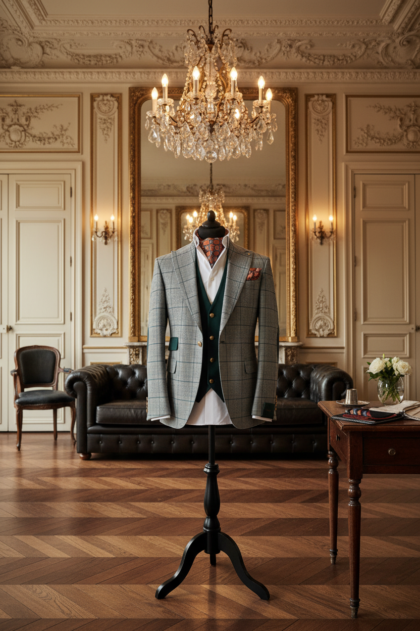 Costume trois pièces Prince de Galles gris gilet vert forêt boutons dorés ascot terracotta floral mannequin tailleur salon parisien luxueux parquet chevrons moulures dorées miroir doré Chesterfield Brioni Kiton lifestyle