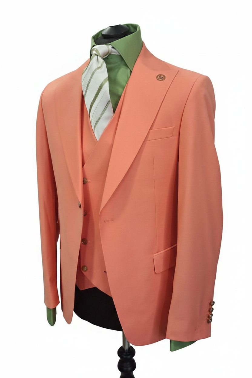 Costume trois pièces saumon corail vue trois-quarts sur fond blanc