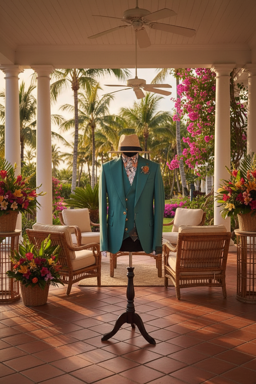 Costume vert émeraude avec chapeau panama dans un cadre colonial tropical luxueux