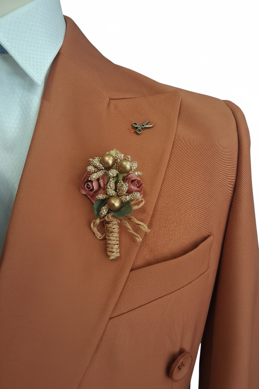 Détail boutonnière florale sur blazer terracotta sur fond blanc