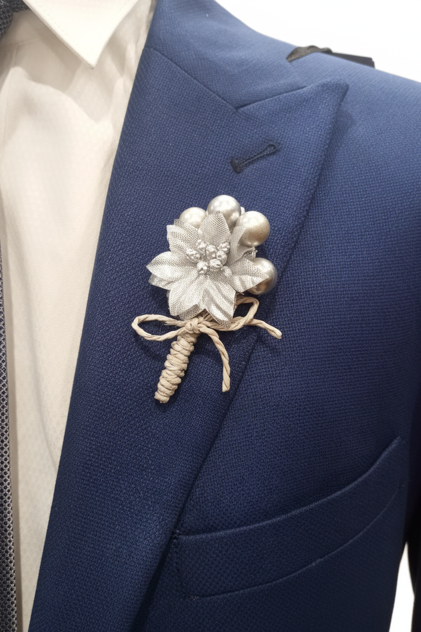 Détail costume bleu avec broche