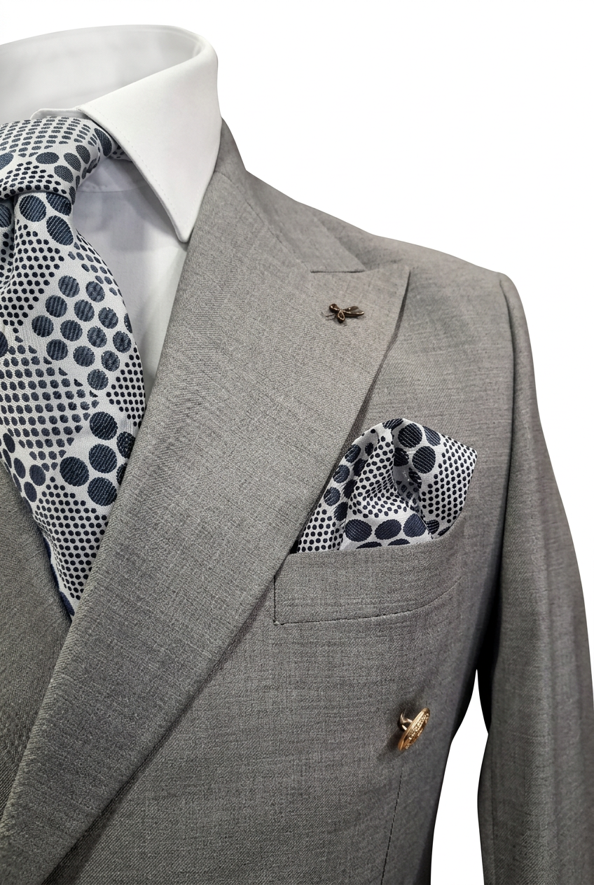 Détail de la veste grise et de ses accessoires sur fond blanc