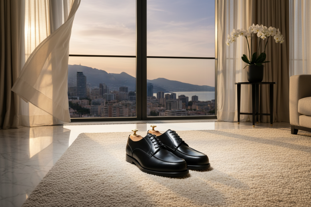 Derbies noirs dans un penthouse de luxe avec vue panoramique au coucher du soleil