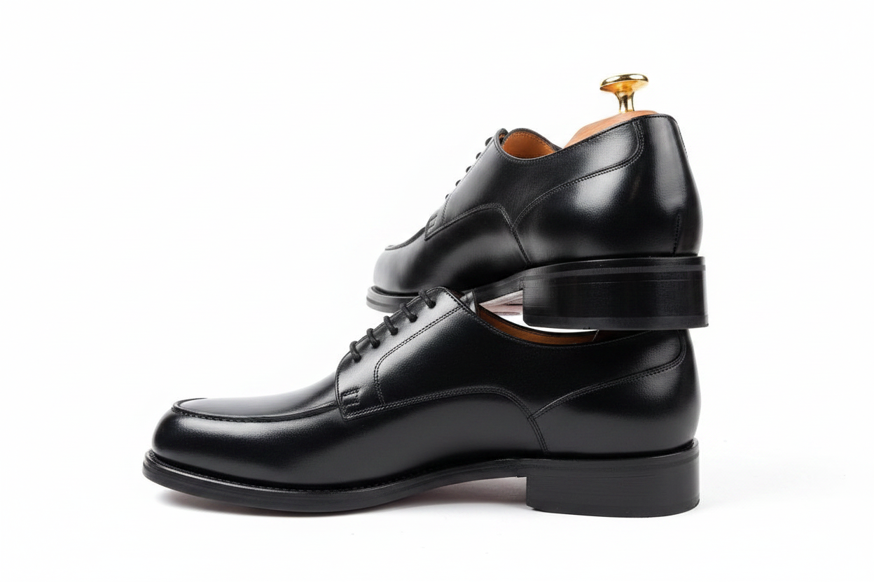 Derbies noirs en composition empilée avec embauchoir en bois doré sur fond blanc