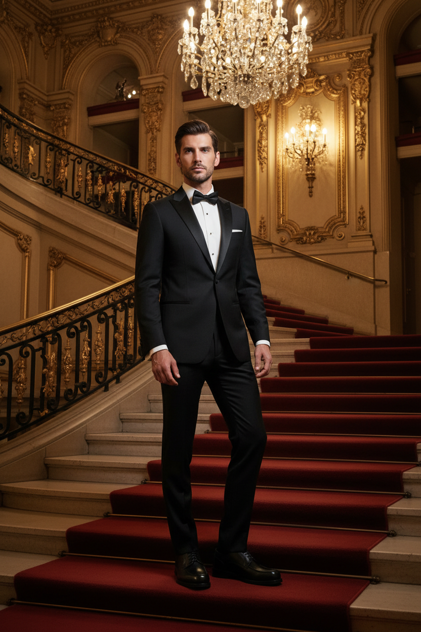 Derbies noirs portés par un homme élégant en smoking sur le grand escalier d'un opéra parisien