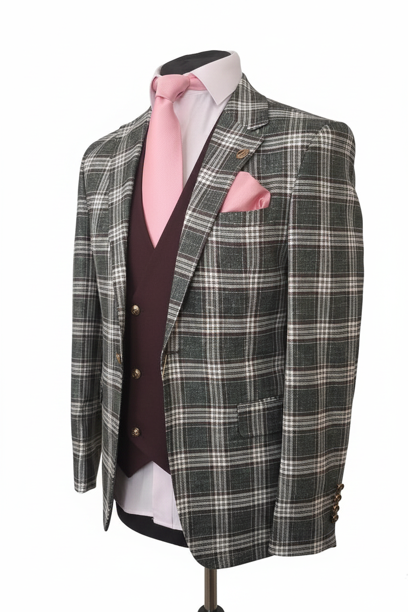 Ensemble 3 pièces veste carreaux Prince de Galles gris or gilet bordeaux cravate rose vue trois-quarts mannequin invisible fond blanc pur