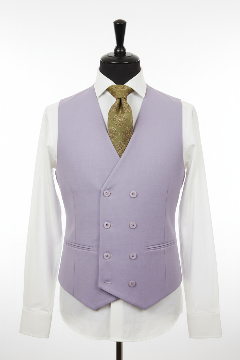 Gilet croisé lavande lilas double boutonnage 6 boutons nacrés iridescents V-neck profond poches passepoilées chemise blanche manches col évasé cravate soie olive kaki or motif baroque médaillon circulaire mannequin tailleur noir fond blanc pur studio luxe mode masculine