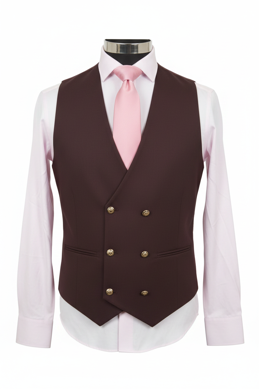Gilet double boutonnage bordeaux brun boutons dorés cravate rose chemise blanche mannequin invisible fond blanc pur