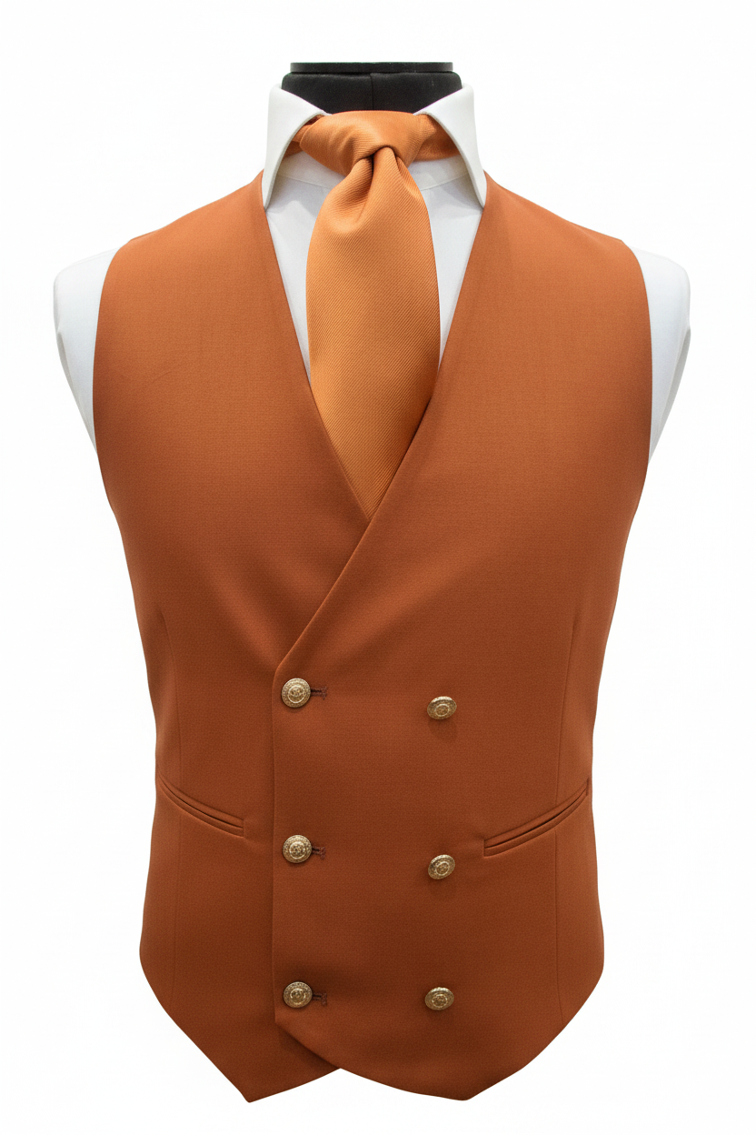 Gilet double boutonnage orange brûlé terracotta à 6 boutons dorés avec cravate ascot orange sur fond blanc