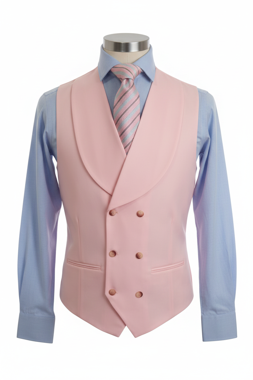 Gilet double boutonnage rose blush col châle 6 boutons dorés cuivre chemise bleue ciel cravate rayée mannequin invisible fond blanc pur
