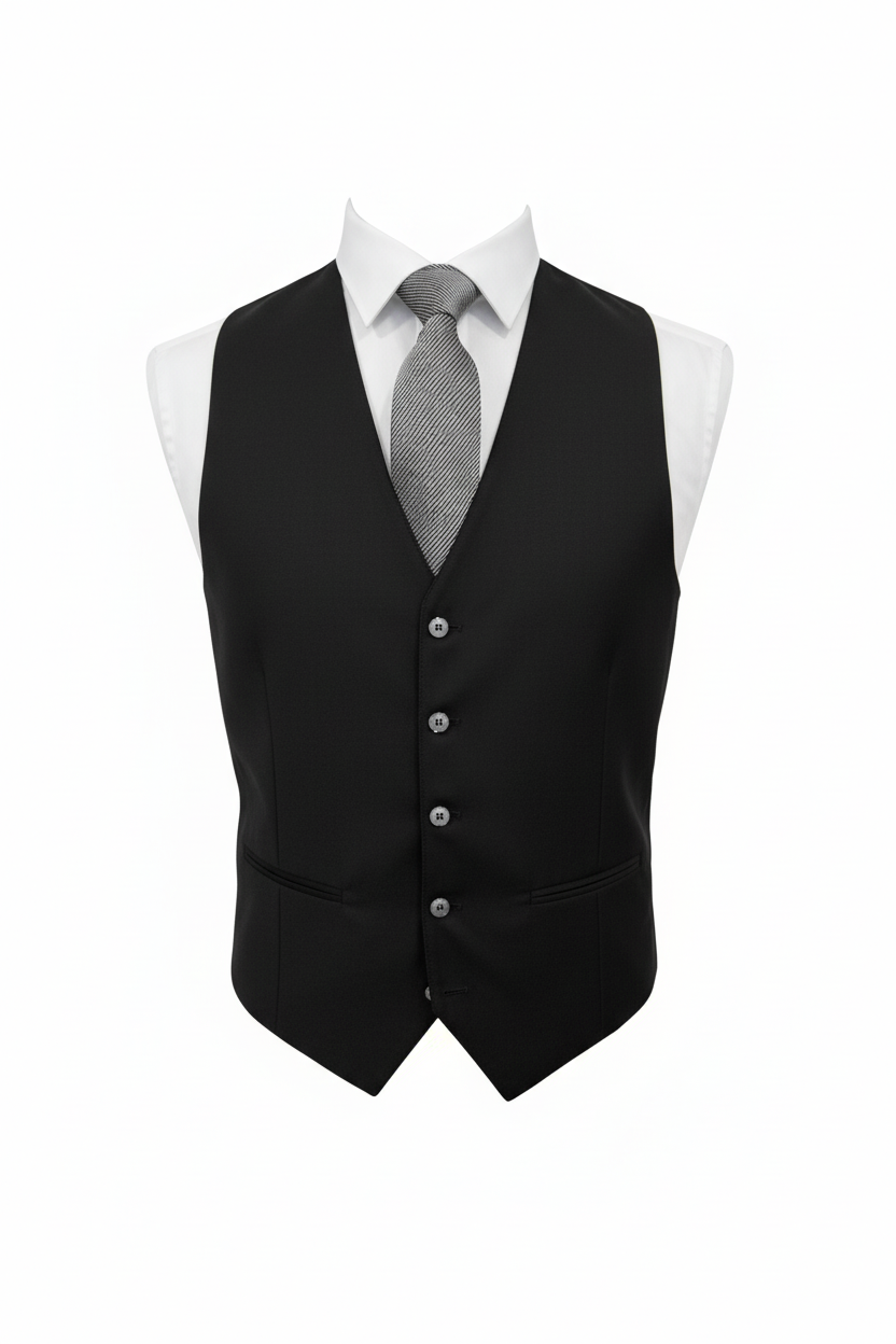 Gilet noir avec chemise blanche et cravate sur fond blanc