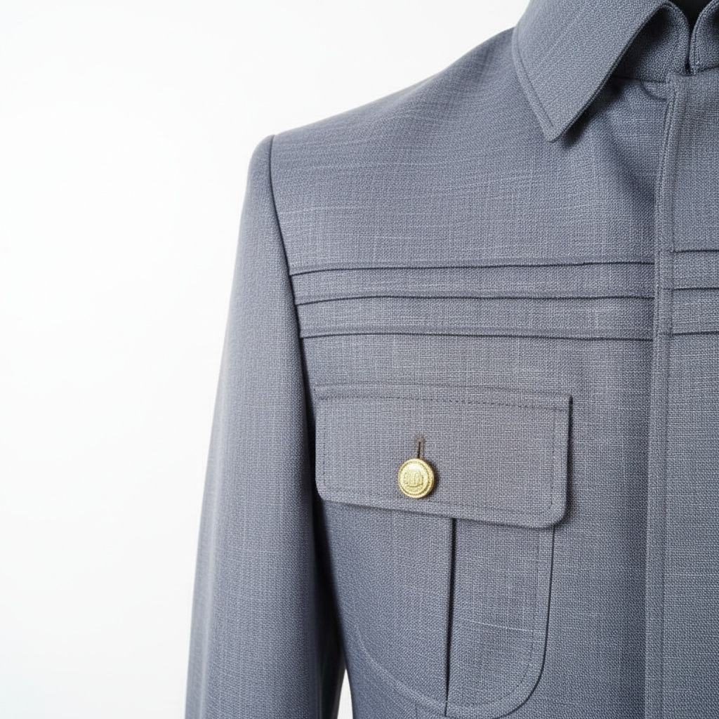 Gros plan détail lignes couture horizontales yoke bouton doré ornemental poche plaquée texture birdseye bleu ardoise fond blanc pur