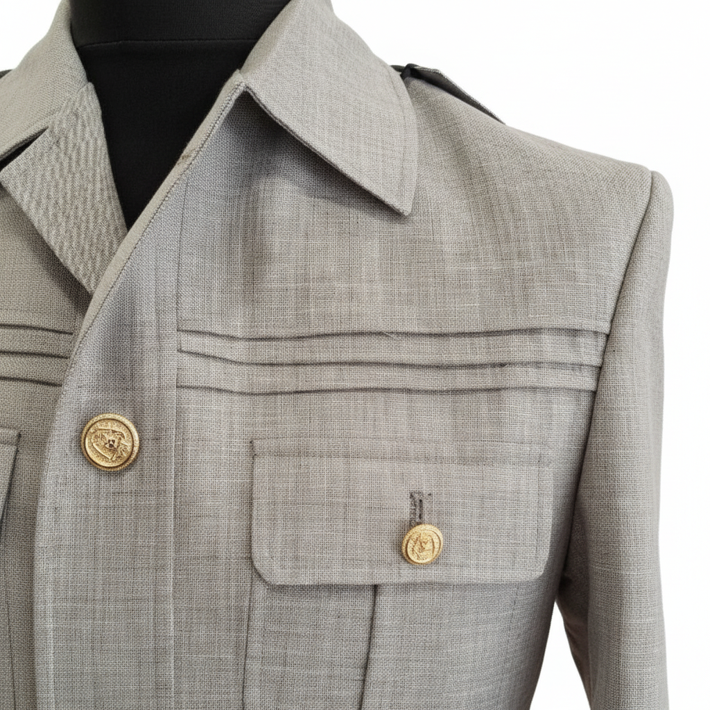 Gros plan détail texture hopsack gris clair lin bouton doré lion blason relief poche poitrine lignes couture horizontales yoke col chemise fond blanc pur