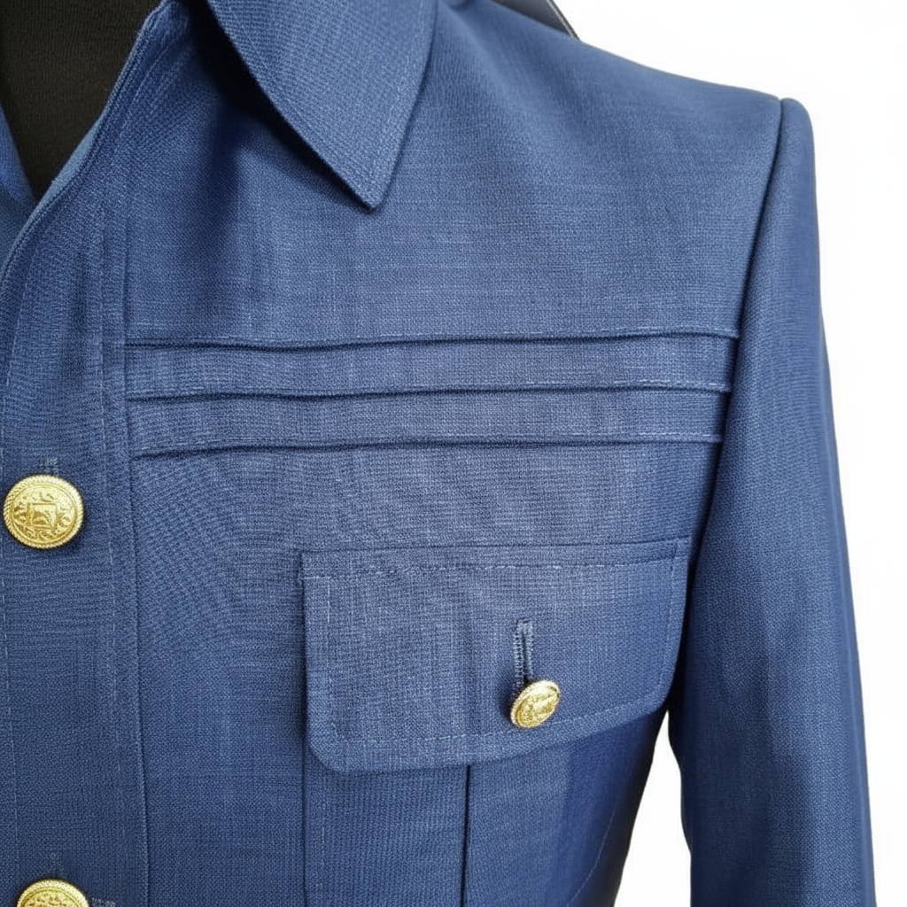Gros plan détail texture hopsack lin bleu cobalt lignes couture horizontales yoke bouton doré ornemental poche poitrine col chemise fond blanc pur