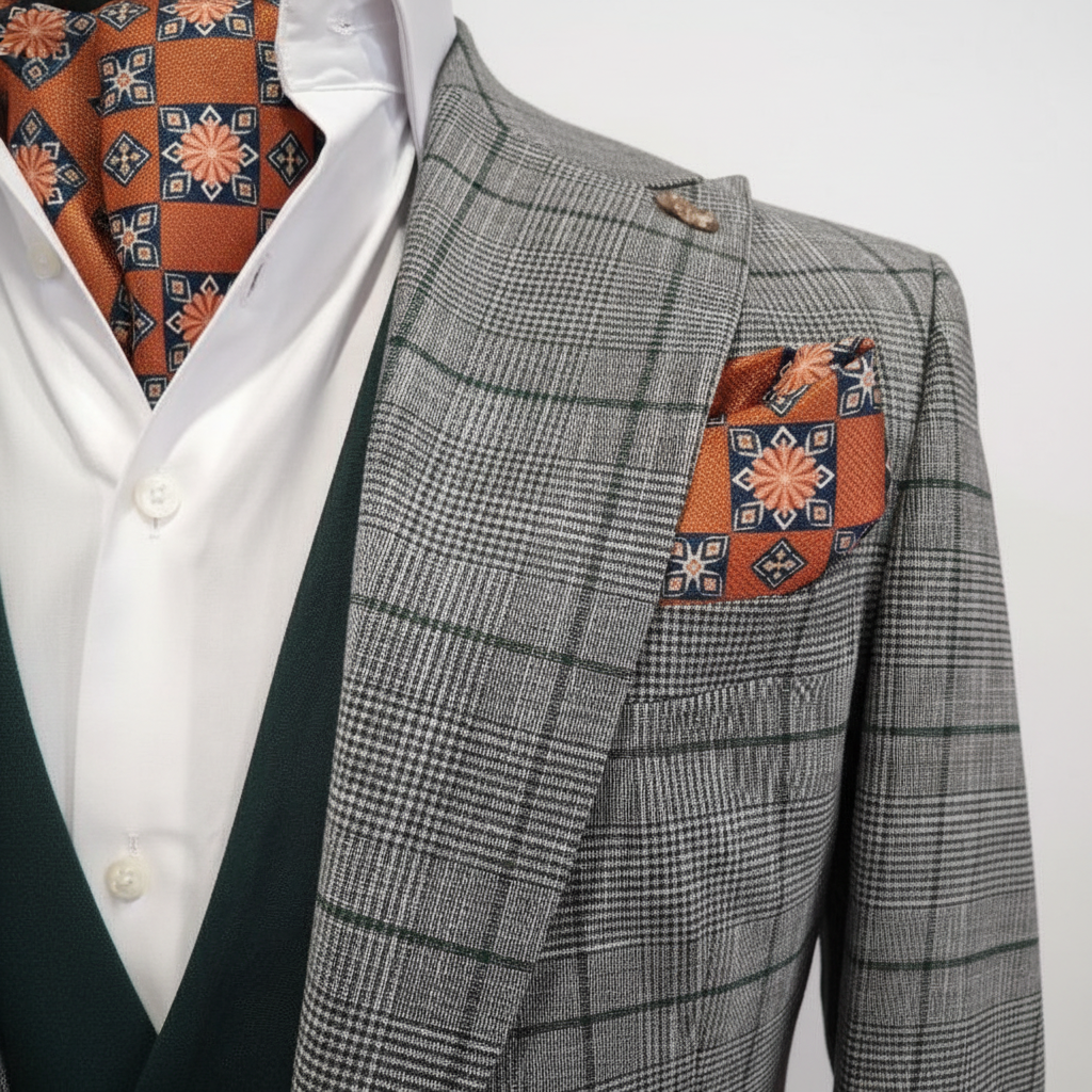 Gros plan veste Prince de Galles gris glen plaid pochette terracotta motif géométrique floral médaillon marine revers gilet vert forêt col chemise blanc fond blanc pur studio détail artisanat luxe