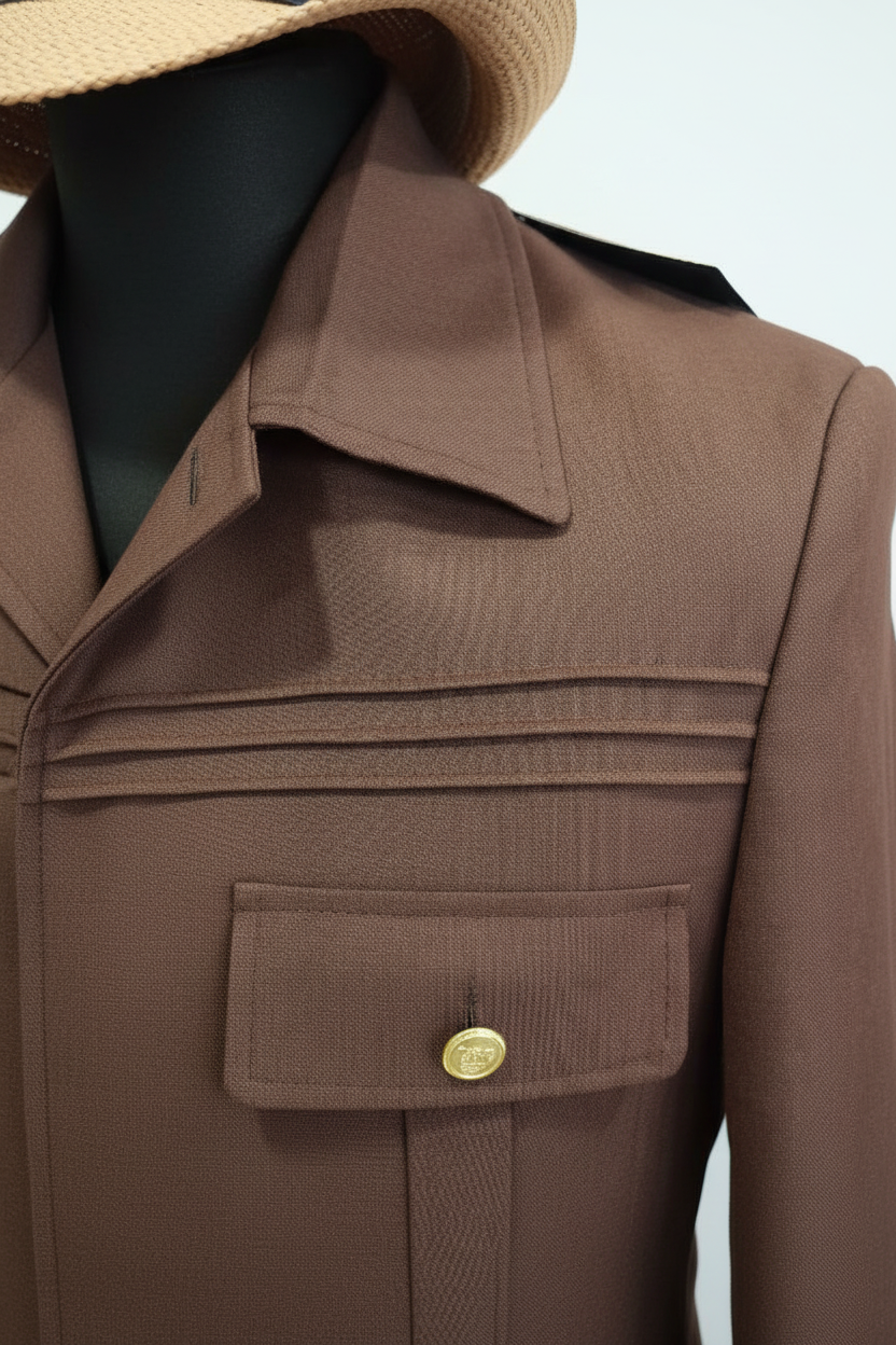 Gros plan veste safari marron tabac texture jacquard diagonale col évasé épaule structurée trois lignes coutures horizontales décoratives bouton doré ovale gravé chapeau paille fond blanc pur studio