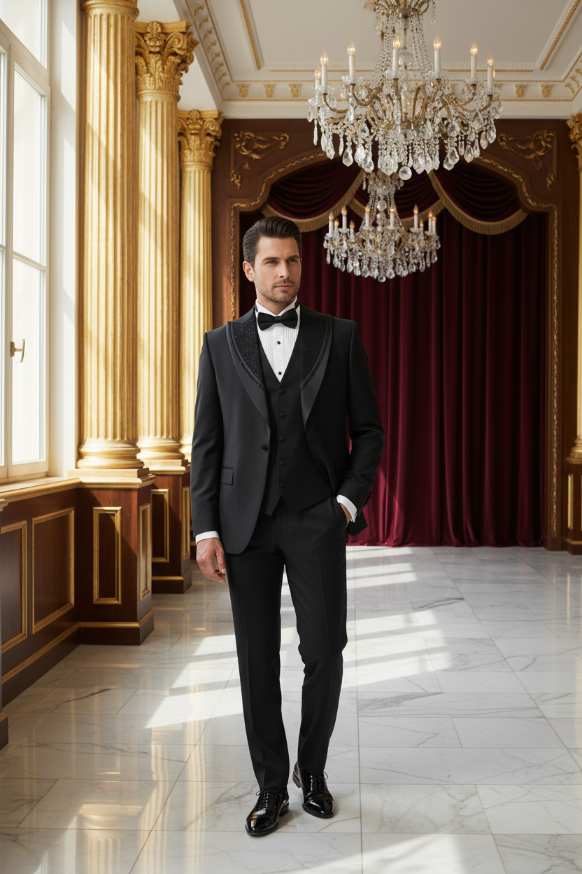 Homme élégant en smoking dans un lieu luxueux