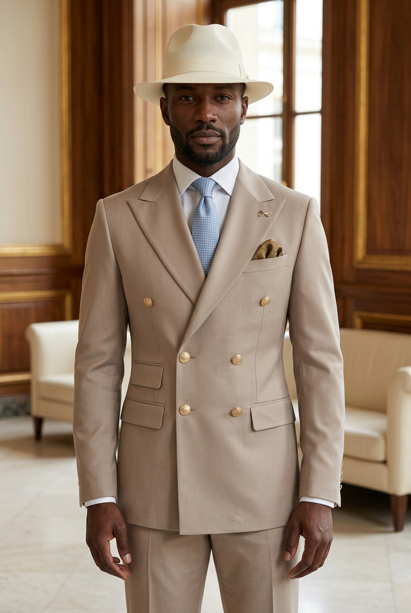 Homme élégant portant la tenue croisée beige dans un salon luxueux