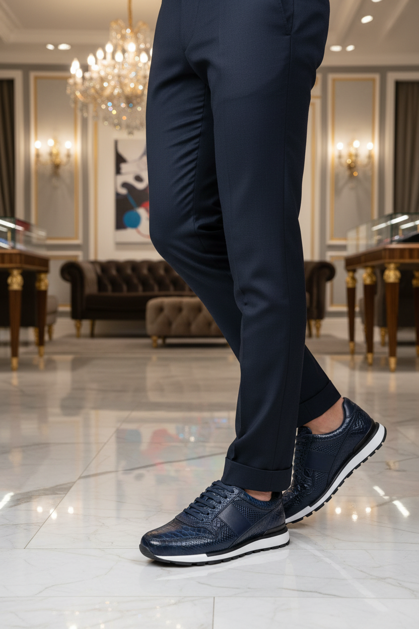 Homme élégant portant les baskets cuir bleu marine texturé crocodile dans un lieu luxueux