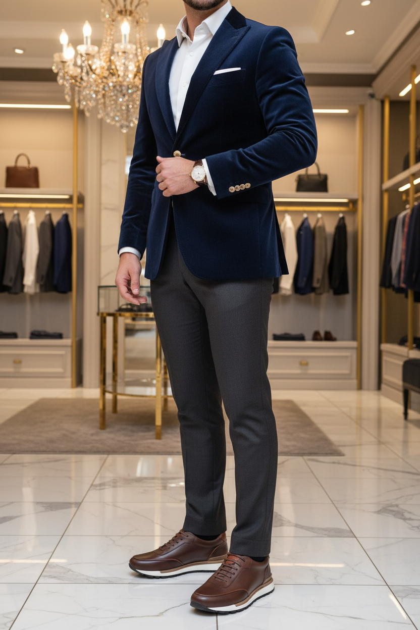 Homme élégant portant les baskets cuir marron dans un lieu luxueux