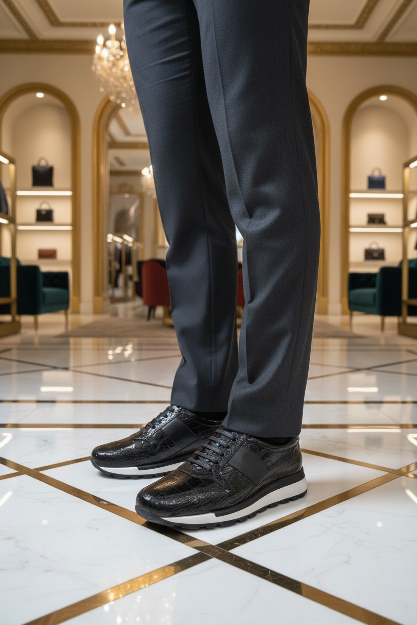 Homme élégant portant les baskets cuir noir texturé crocodile dans un lieu luxueux