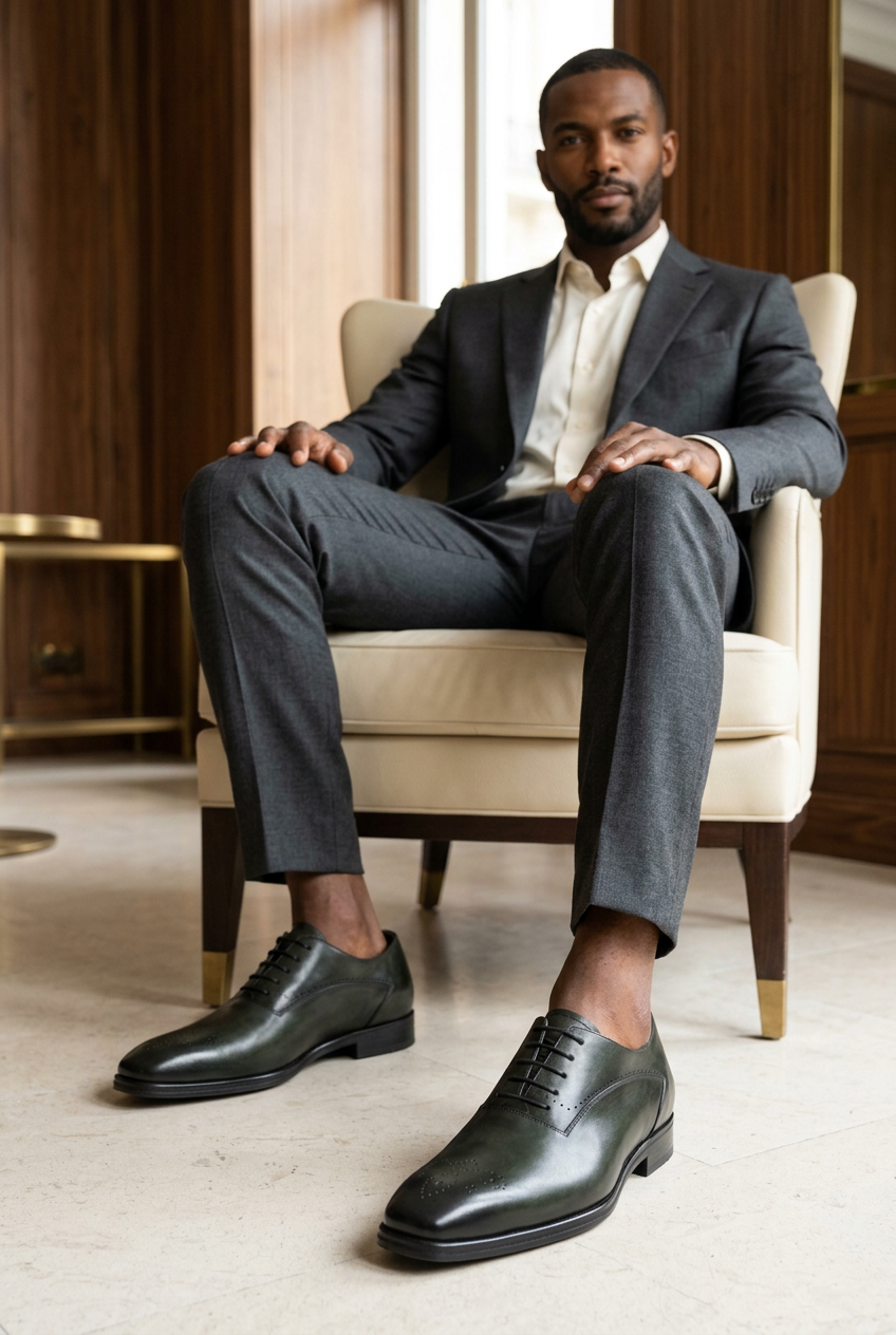 Homme élégant portant les chaussures dans un salon luxueux