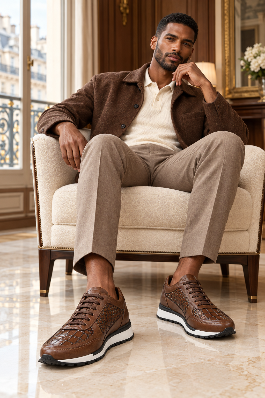 Homme élégant portant les chaussures marron dans un salon luxueux