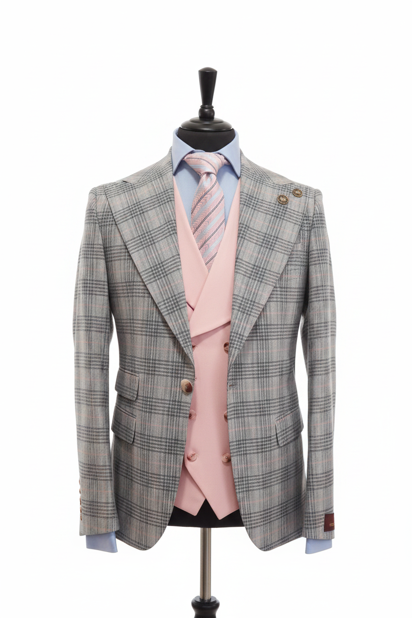 Costume homme 3 pièces gris / rose : Prince de Galles