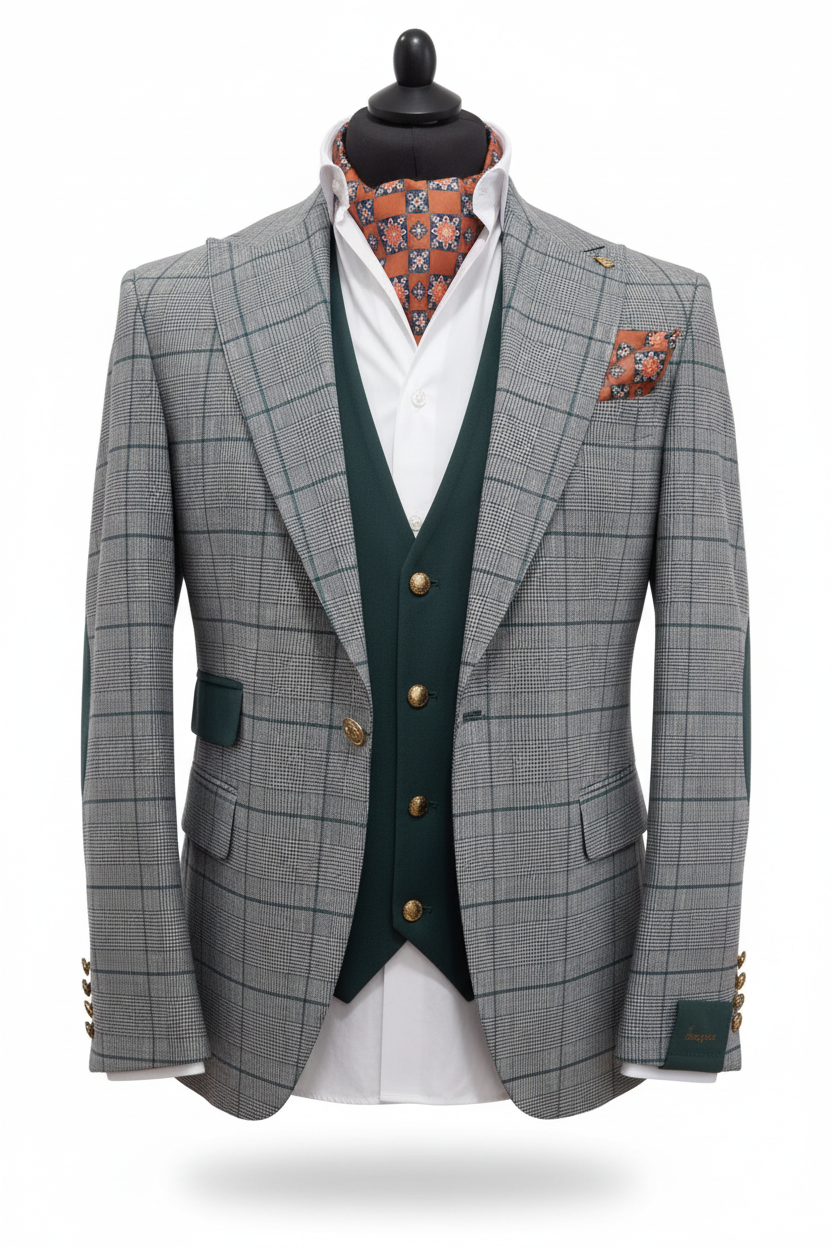 Costume homme 3 pièces à carreaux gris et vert : Alberto