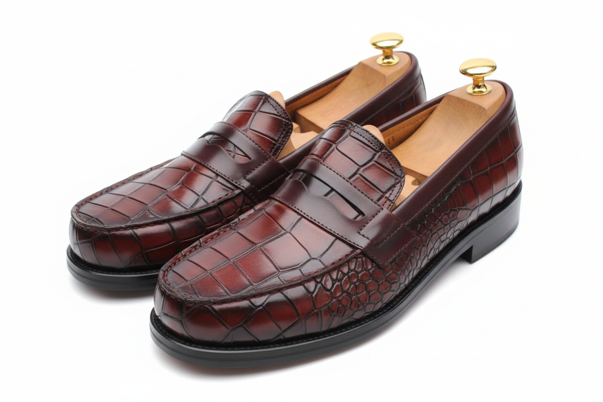 Mocassin cuir bordeaux façon croco : Angelo
