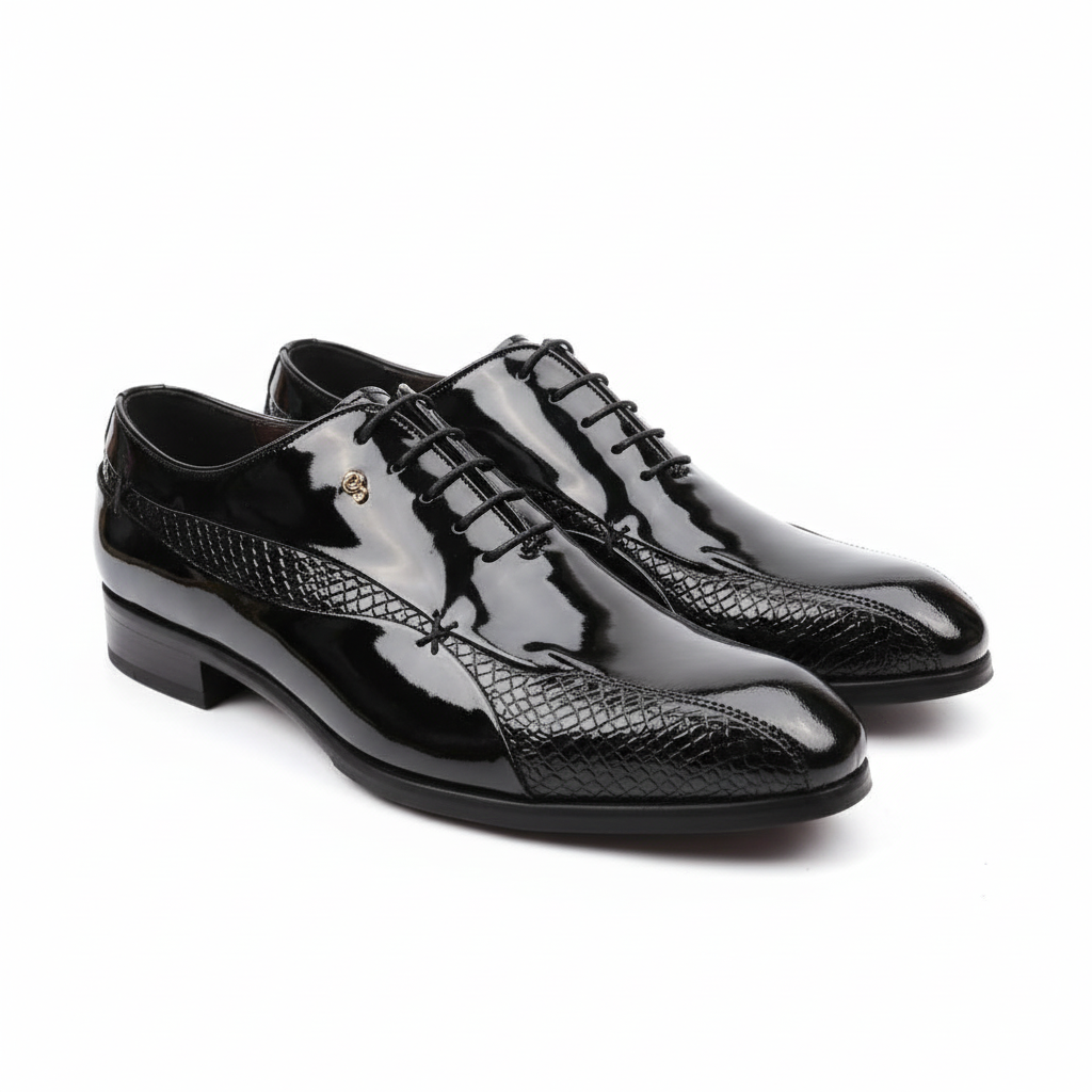 Chaussure richelieu bi-matière cuir verni noir : Capri