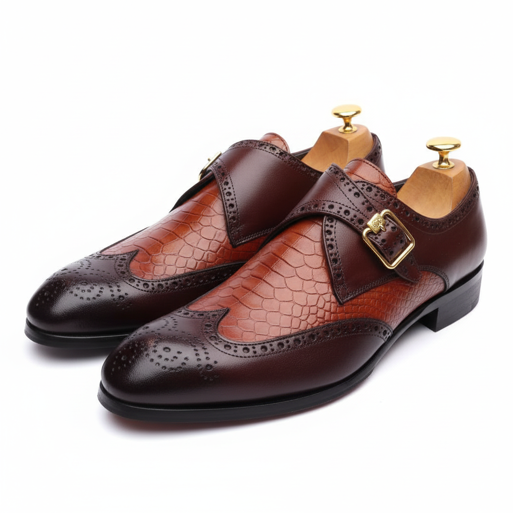 Chaussure derby bi-matière à boucle marron et marron foncé : Marcello