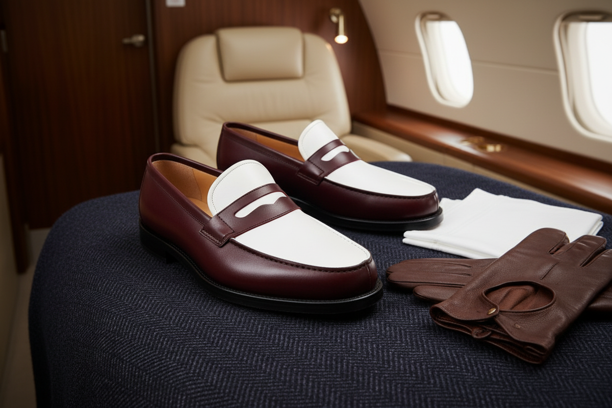 Mocassins bordeaux blanc lifestyle luxueux jet privé intérieur cuir crème bois noyer sans alcool