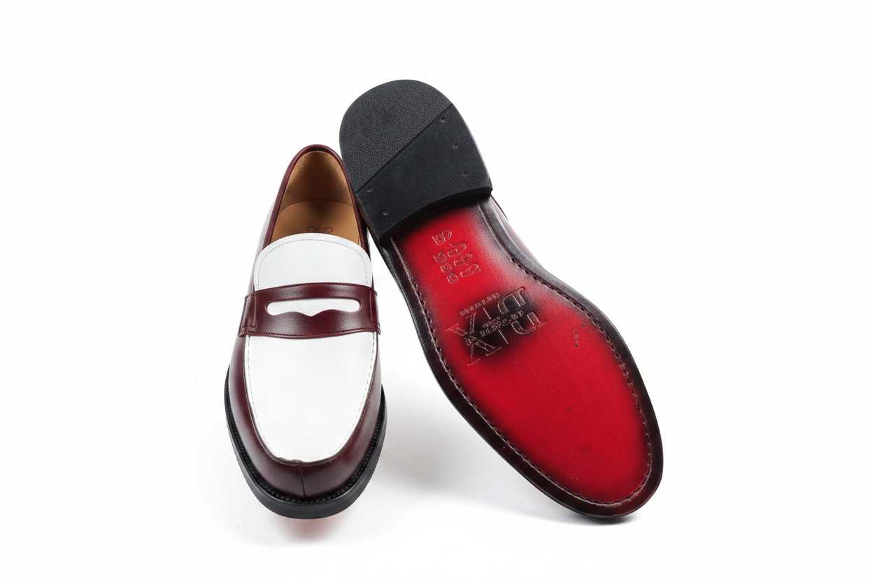Mocassins bordeaux blanc vue révélation semelle intérieure rouge avec logo gravé sur fond blanc pur