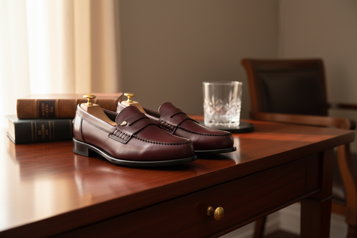 Mocassins bordeaux dans un décor lifestyle luxueux