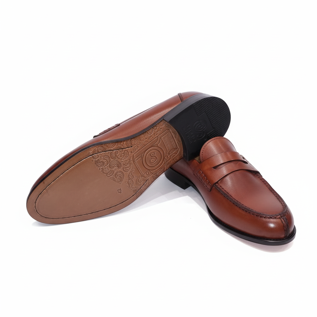 Mocassins cognac avec vue semelle sur fond blanc