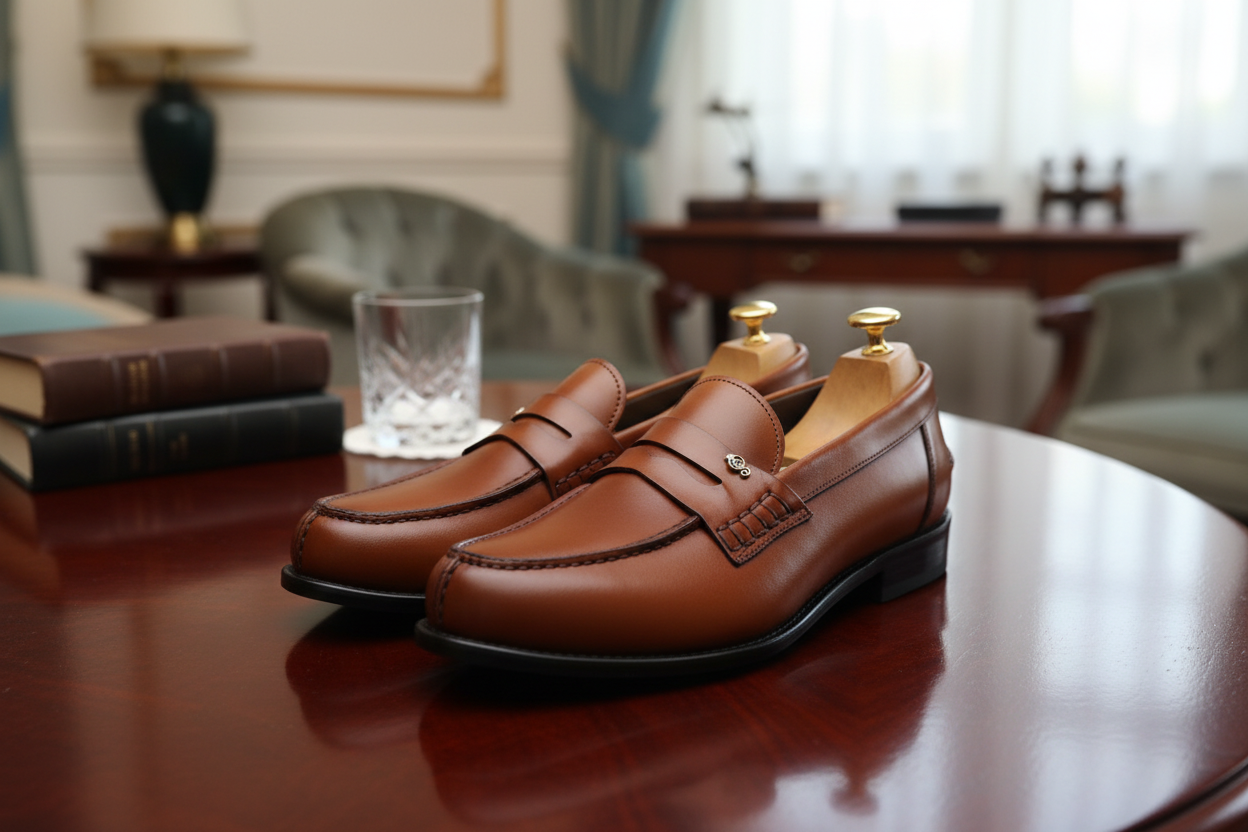 Mocassins cognac dans un décor lifestyle luxueux