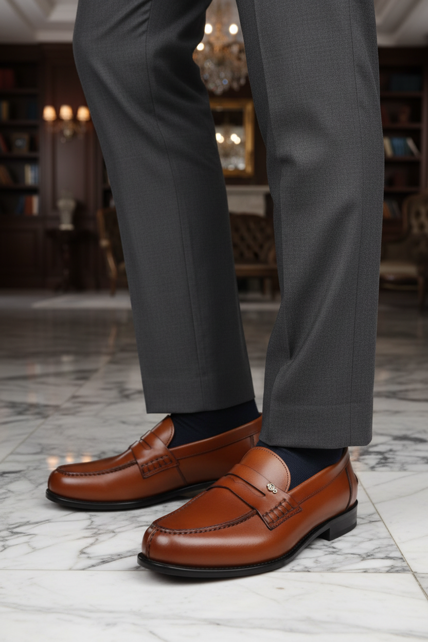 Mocassins cognac portés dans un décor luxueux