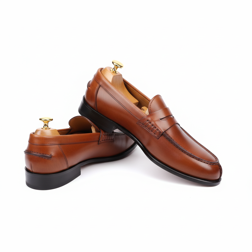 Mocassins cognac sur fond blanc professionnel